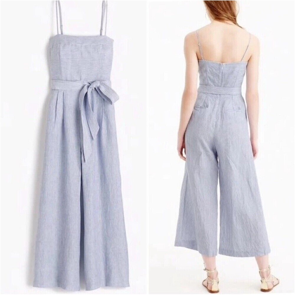 J. Crew 100% LINEN Women’s Blue White Striped  Wide Leg Jumpsuit Preppy Size 0